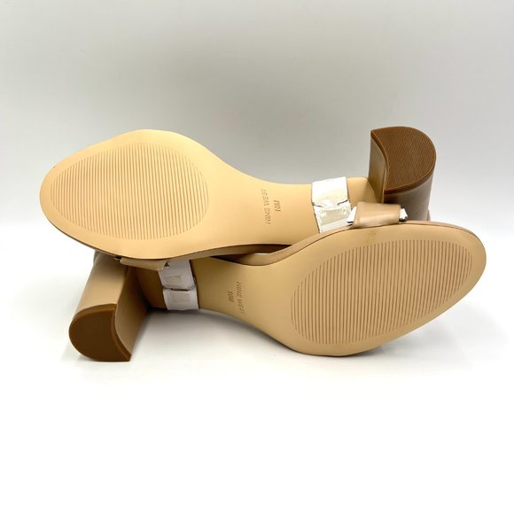 Nine West Size 10 Natural Nude Tan Beige Leather Block Heels Sandals Shoes - Picture 9 of 14
